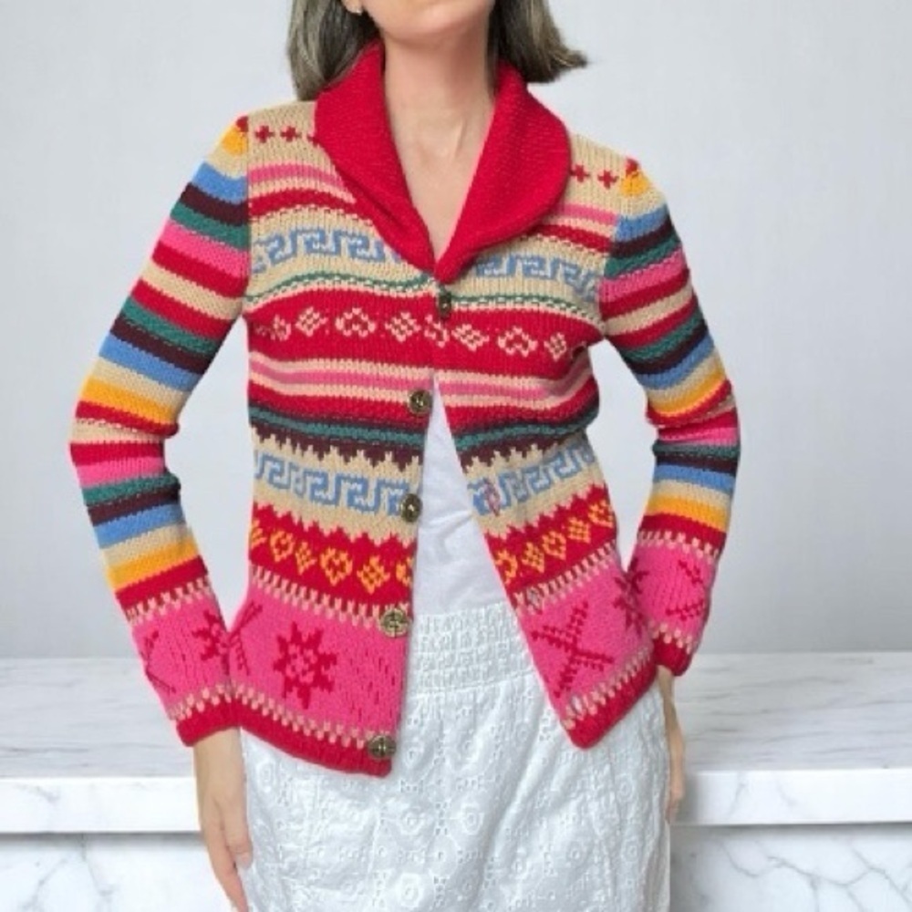 Vintage Liz Claiborne Red and Pink Cardigan Sweater Fair Isle Wool Blend XS